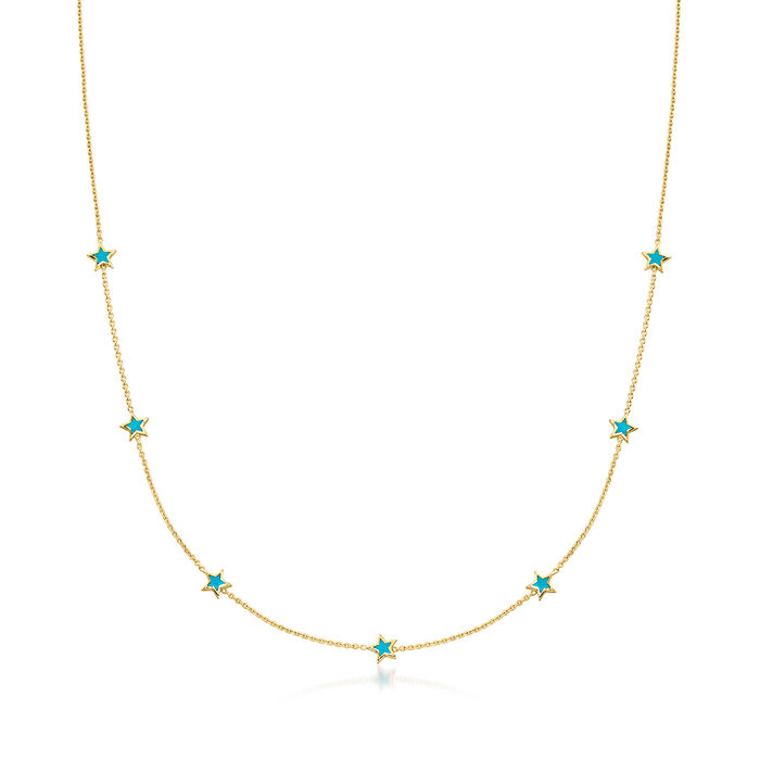 Teal Enamel Star Station Necklace in 14kt Yellow Gold