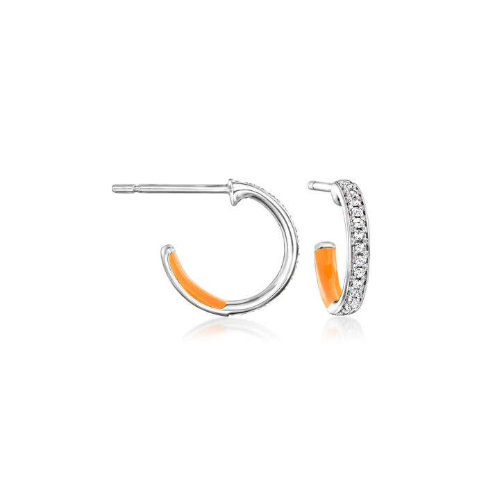 Orange Enamel and .10 ct. t.w. Diamond Huggie Hoop Earrings in Sterling Silver