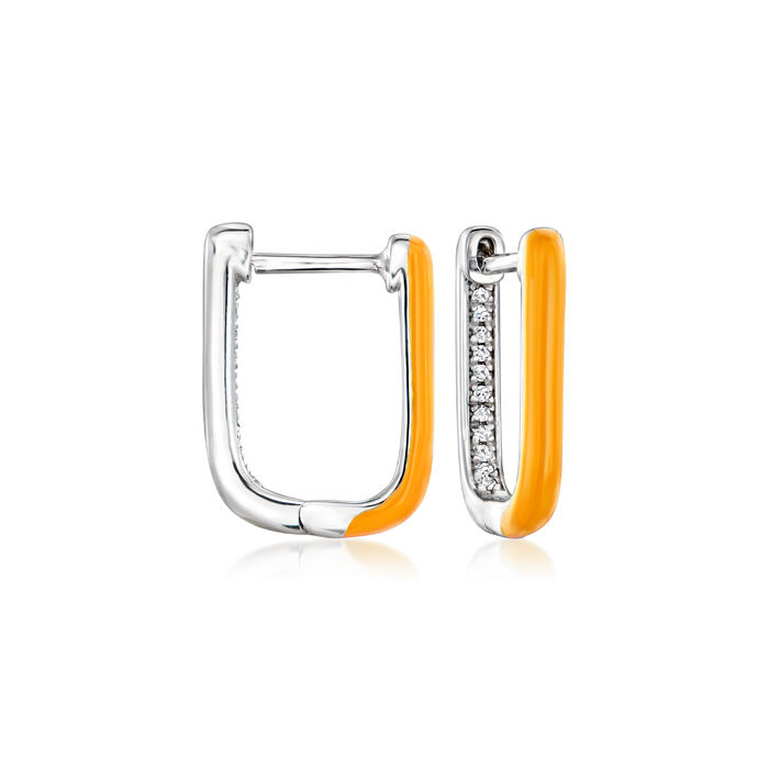 Orange Enamel and Diamond-Accented Paper Clip Link Hoop Earrings in Sterling Silver