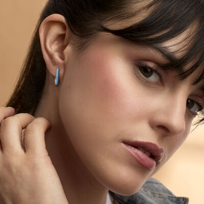 Blue Enamel and Diamond-Accented Paper Clip Link Hoop Earrings in Sterling Silver